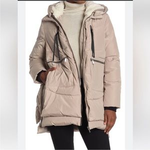 Sam Edelman Faux Fur Shearling Lined Hooded Puffer Down Coat Jacket size S NWOT